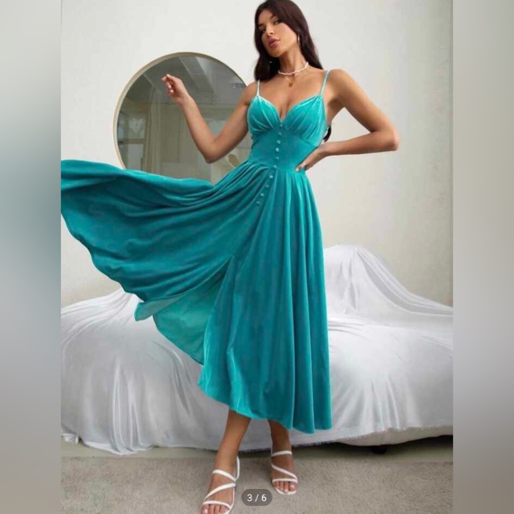 Shein Fold Pleated Split Hem Teal Velvet Cami Dress Sz Med NWOT